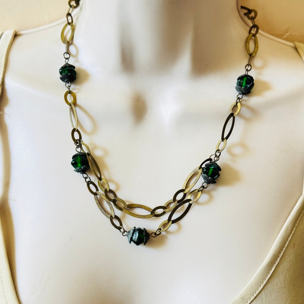 VTG Art Deco Czech Green Glass Necklace Flapper Beaded Carved Brass Gold 20"